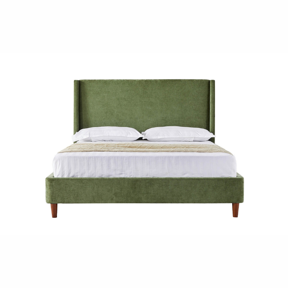 The Roman 4f6 and 5ft Bed in Natural and Olive features a winged headboard, soft tones and a slatted base, an elegant and versatile choice for any bedroom