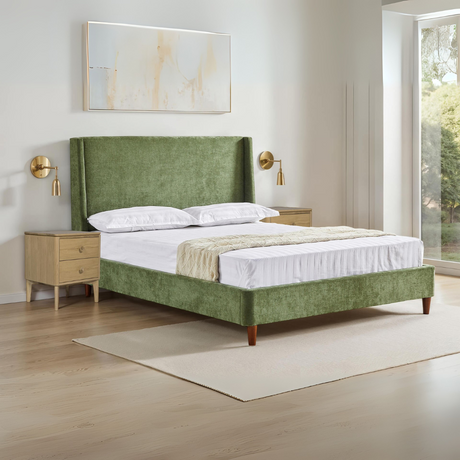 The Roman 4f6 and 5ft Bed in Natural and Olive features a winged headboard, soft tones and a slatted base, an elegant and versatile choice for any bedroom