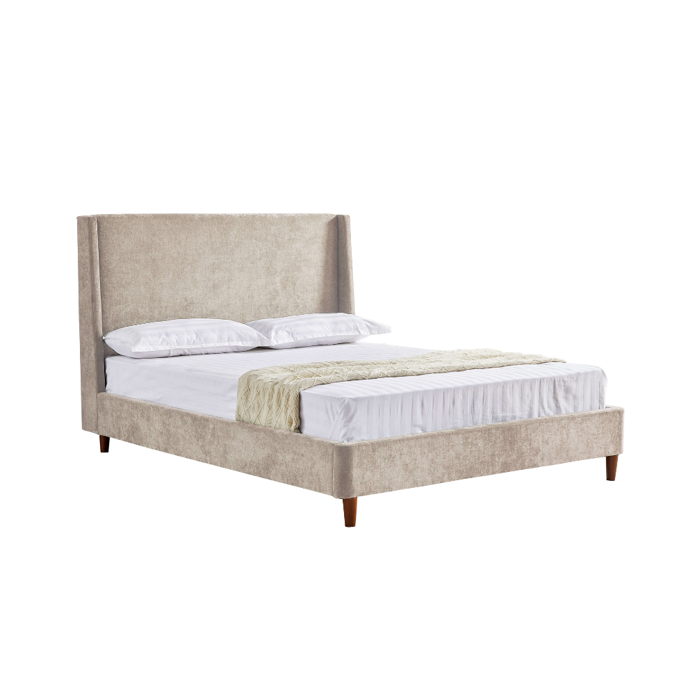 The Roman 4f6 and 5ft Bed in Natural and Olive features a winged headboard, soft tones and a slatted base, an elegant and versatile choice for any bedroom