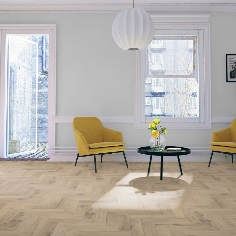 The Romantic Oak Herringbone Engineered Flooring - 15mm features natural grains, multi layer stability and brushed matt lacquer finish