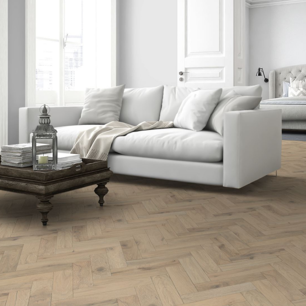 The Romantic Oak Herringbone Engineered Flooring - 15mm features natural grains, multi layer stability and brushed matt lacquer finish