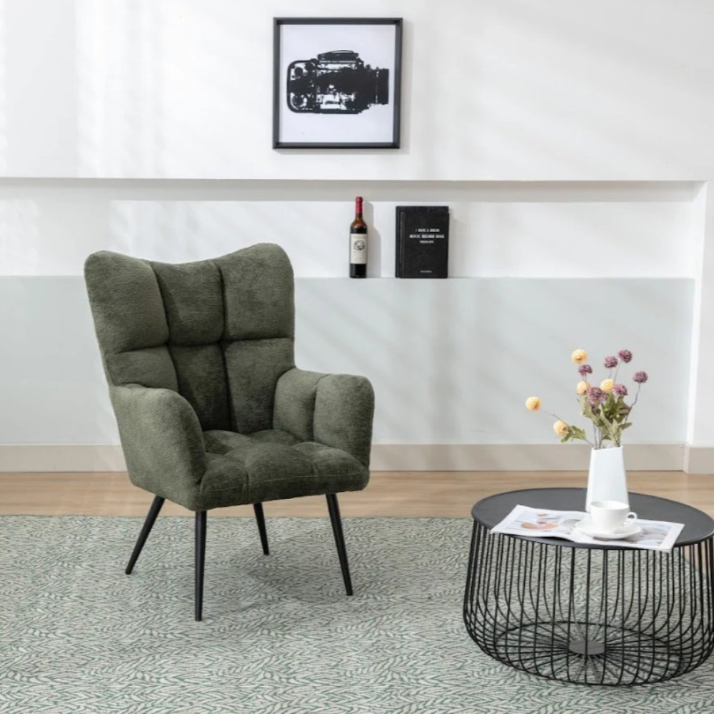The Ronan Accent Chair in Rust, Green & Light Grey features soft flat bouclé fabric, plush comfort and modern curves for a stylish and inviting seat