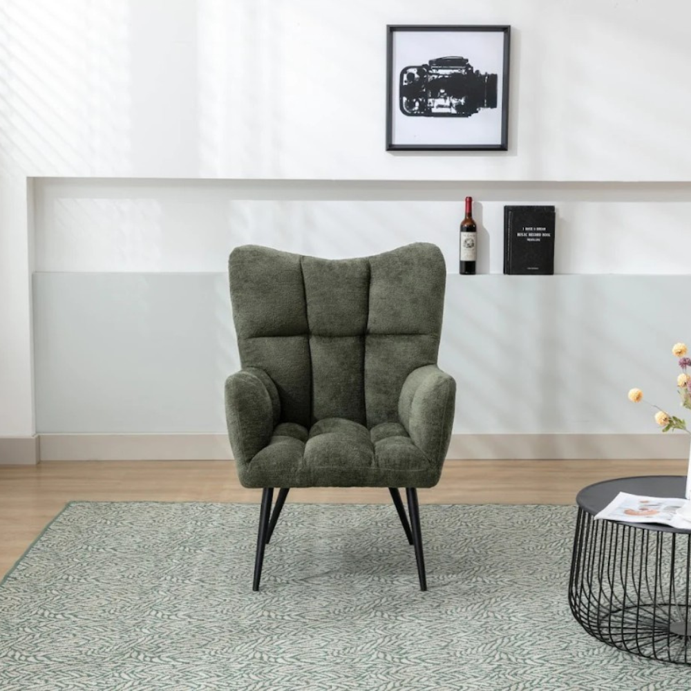 The Ronan Accent Chair in Rust, Green & Light Grey features soft flat bouclé fabric, plush comfort and modern curves for a stylish and inviting seat