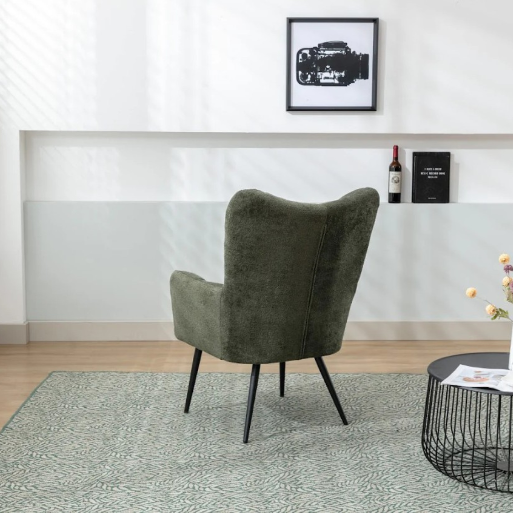 The Ronan Accent Chair in Rust, Green & Light Grey features soft flat bouclé fabric, plush comfort and modern curves for a stylish and inviting seat