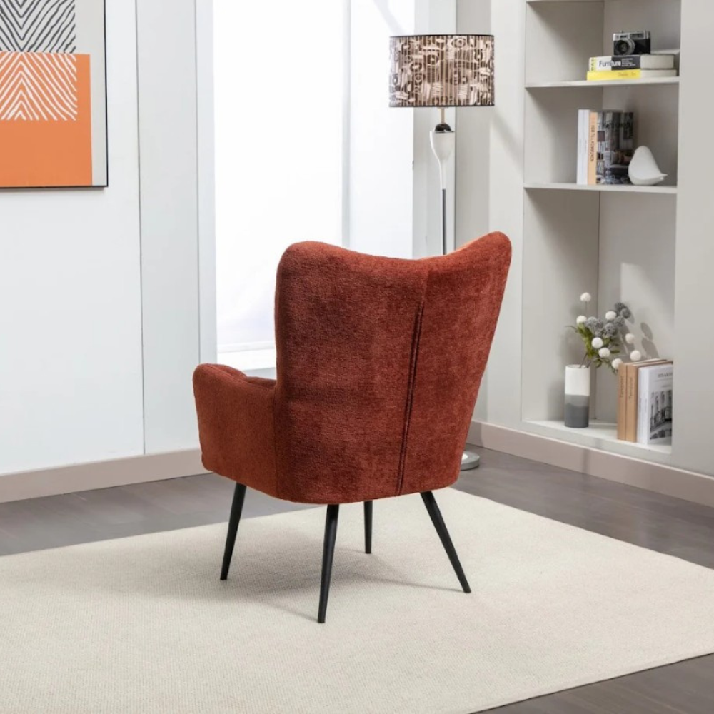 The Ronan Accent Chair in Rust, Green & Light Grey features soft flat bouclé fabric, plush comfort and modern curves for a stylish and inviting seat