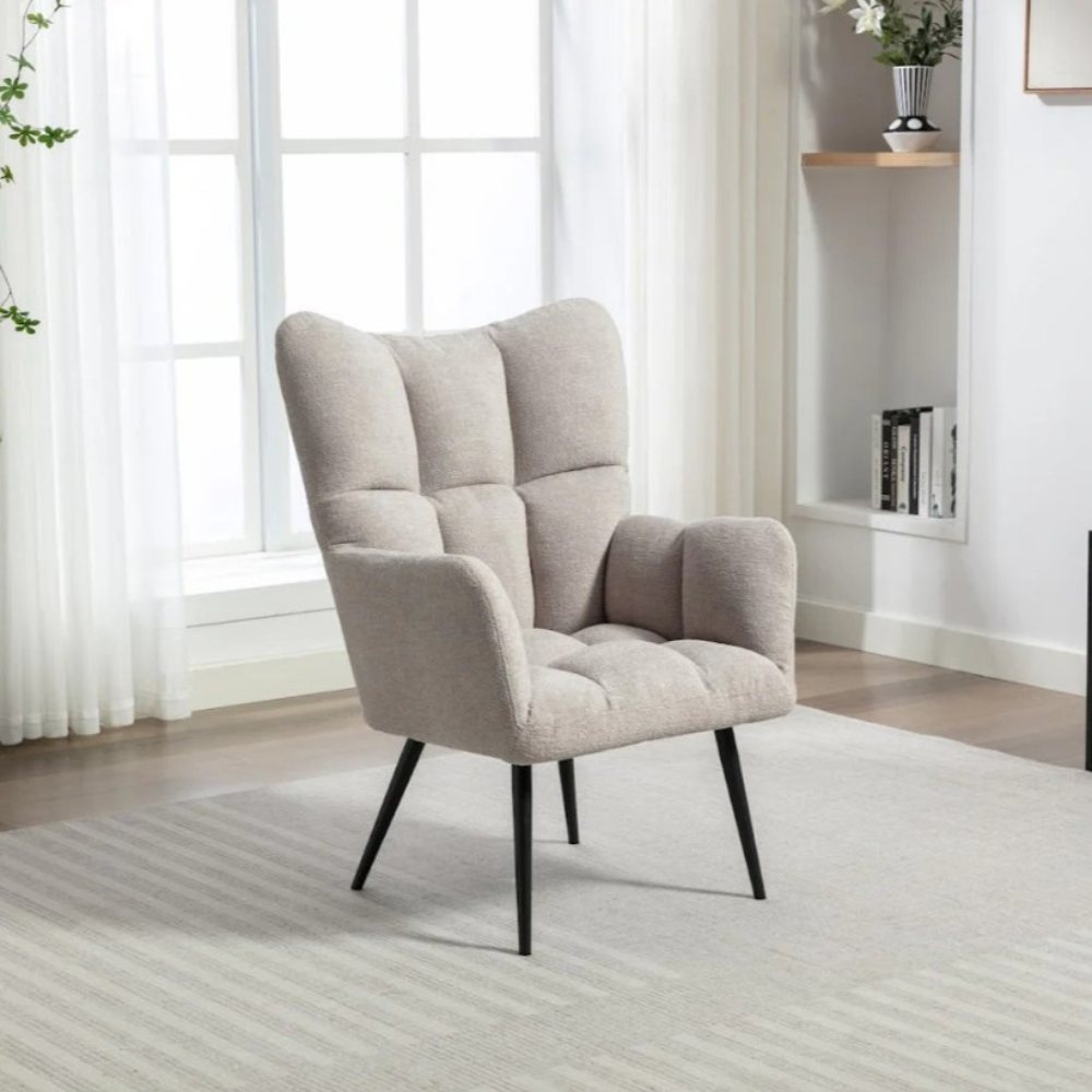 The Ronan Accent Chair in Rust, Green & Light Grey features soft flat bouclé fabric, plush comfort and modern curves for a stylish and inviting seat