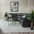 The Rowen Manual Recliner Corner Sofa is upholstered in gunmetal and easy-clean fabric, plush cushions and spacious seating