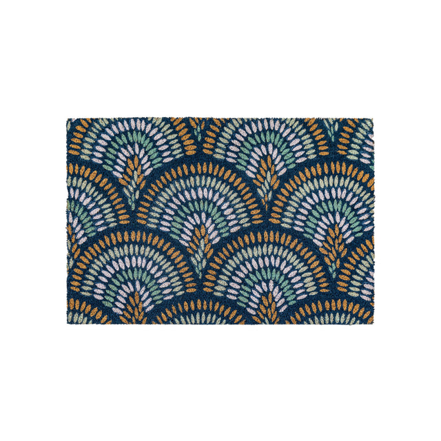 Ikat Navy Peacock Doormat, 60x90cm, durable coir, stylish peacock-inspired design, efficiently removes dirt. Add elegance and functionality to your entryway
