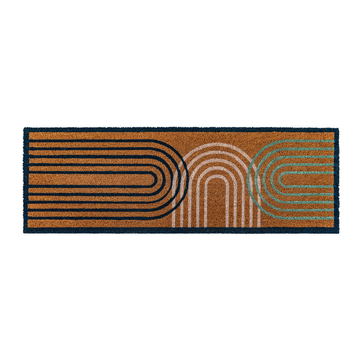Ikat Large Arch Double Doormat features stylish navy, white, and green design with a large 400x1200mm size for dirt removal.