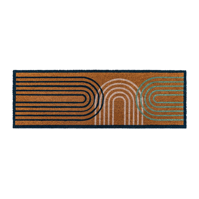 Ikat Large Arch Double Doormat features stylish navy, white, and green design with a large 400x1200mm size for dirt removal.