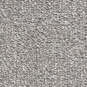 Close-up of textured gray carpet with 'Sable' label