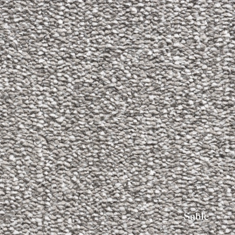 Close-up of textured gray carpet with 'Sable' label