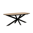 The Sadia Oval Dining Table in Oak features a durable, heat, stain, and scratch-resistant melamine top with a black metal base.