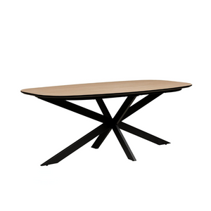 The Sadia Oval Dining Table in Oak features a durable, heat, stain, and scratch-resistant melamine top with a black metal base.