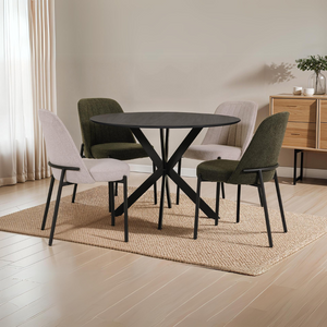 The Sadia Oak Round Dining Table 1100mm in Grey features heat, stain and scratch-resistant top with modern black metal legs.