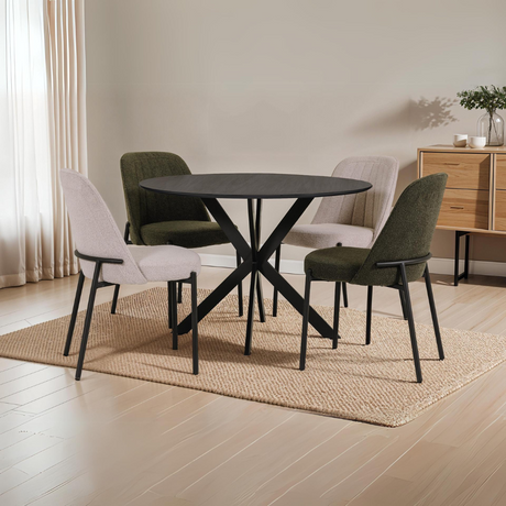 The Sadia Oak Round Dining Table 1100mm in Grey features heat, stain and scratch-resistant top with modern black metal legs.