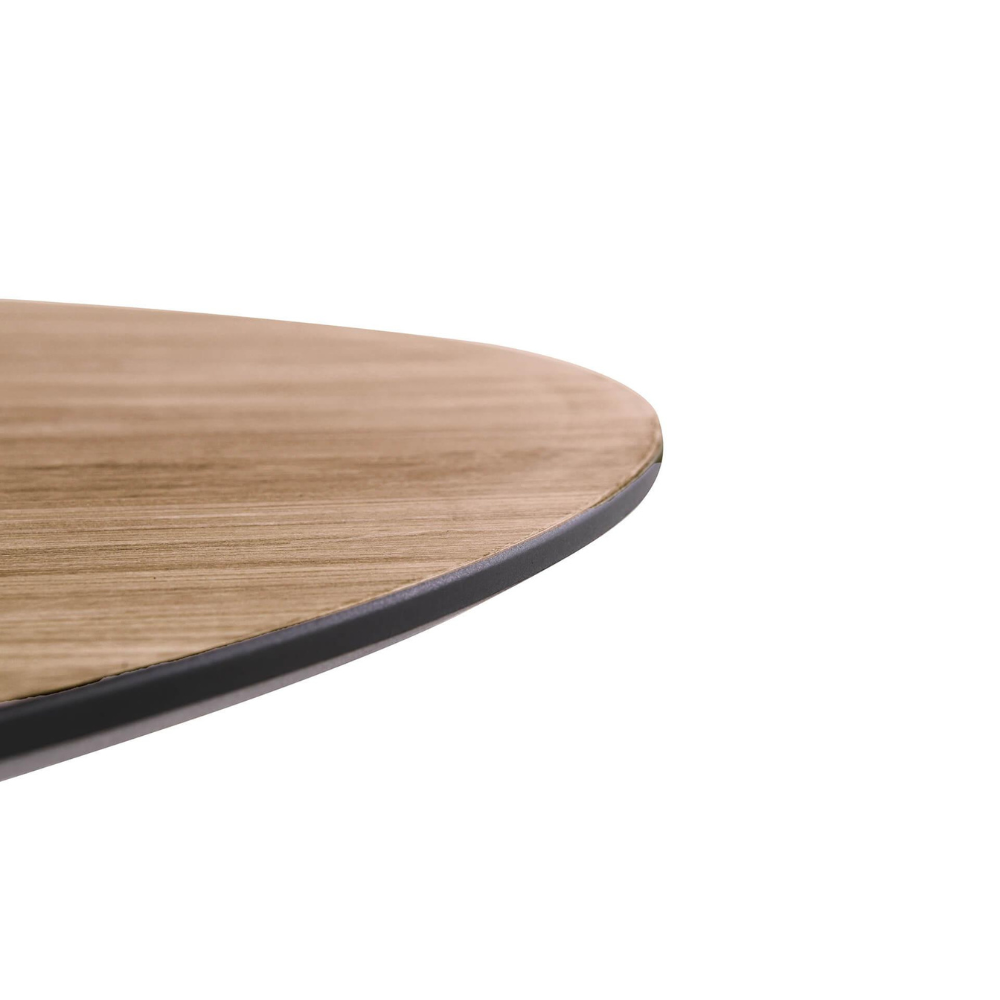 The Sadia Oak Round Dining Table 1100mm in Biscuit features heat, stain and scratch-resistant top with modern black metal legs