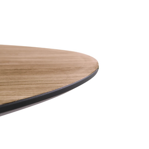 The Sadia Oak Round Dining Table 1100mm in Biscuit features heat, stain and scratch-resistant top with modern black metal legs