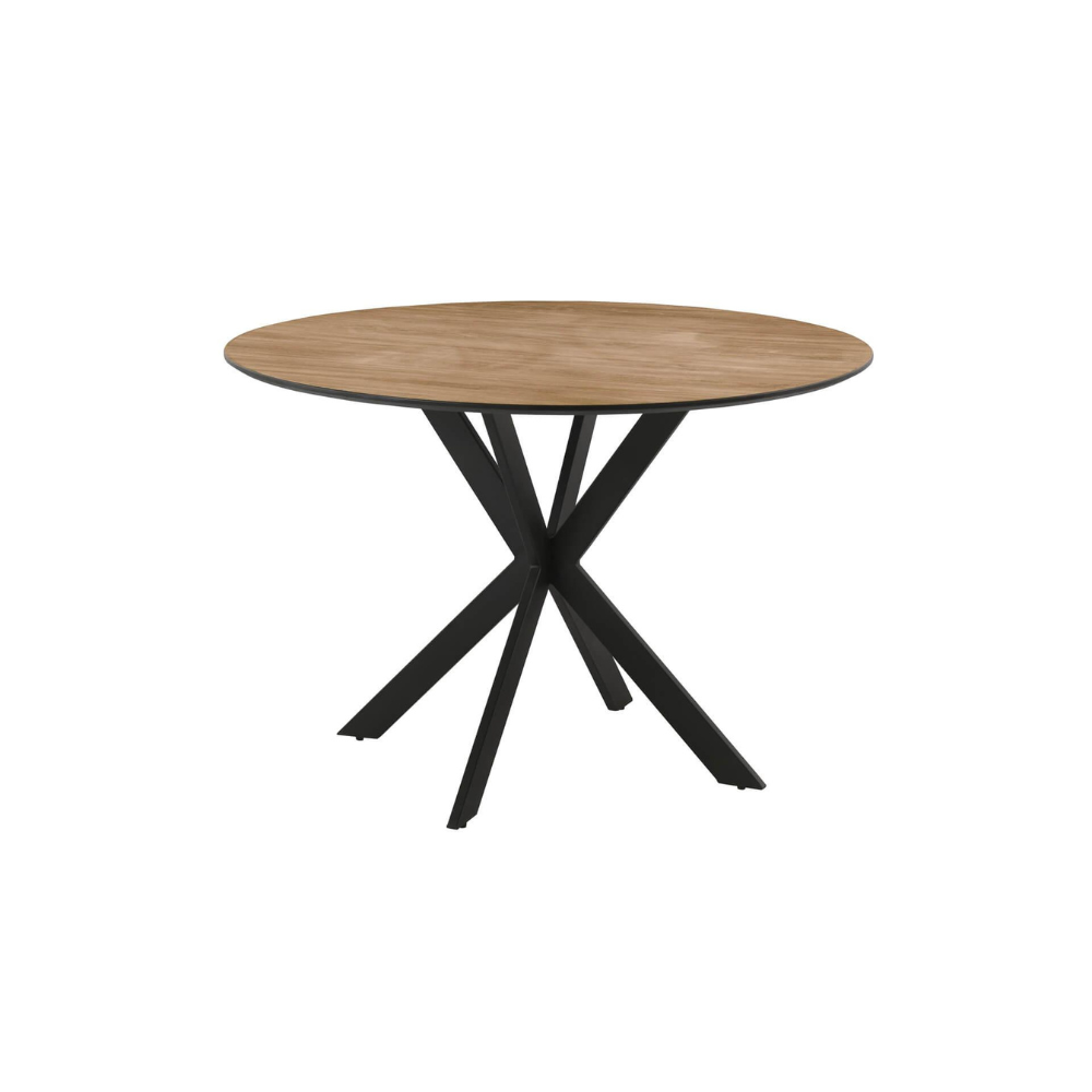 The Sadia Oak Round Dining Table 1100mm in Biscuit features heat, stain and scratch-resistant top with modern black metal legs
