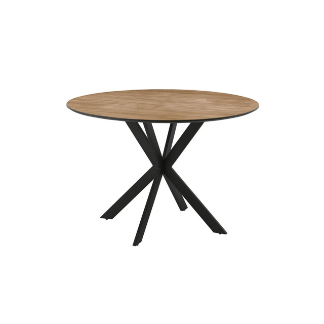 The Sadia Oak Round Dining Table 1100mm in Biscuit features heat, stain and scratch-resistant top with modern black metal legs