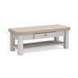The Salcombe Coffee Table - Light Grey offers a durable oak veneer top, storage drawer, and lower shelf for a modern design.