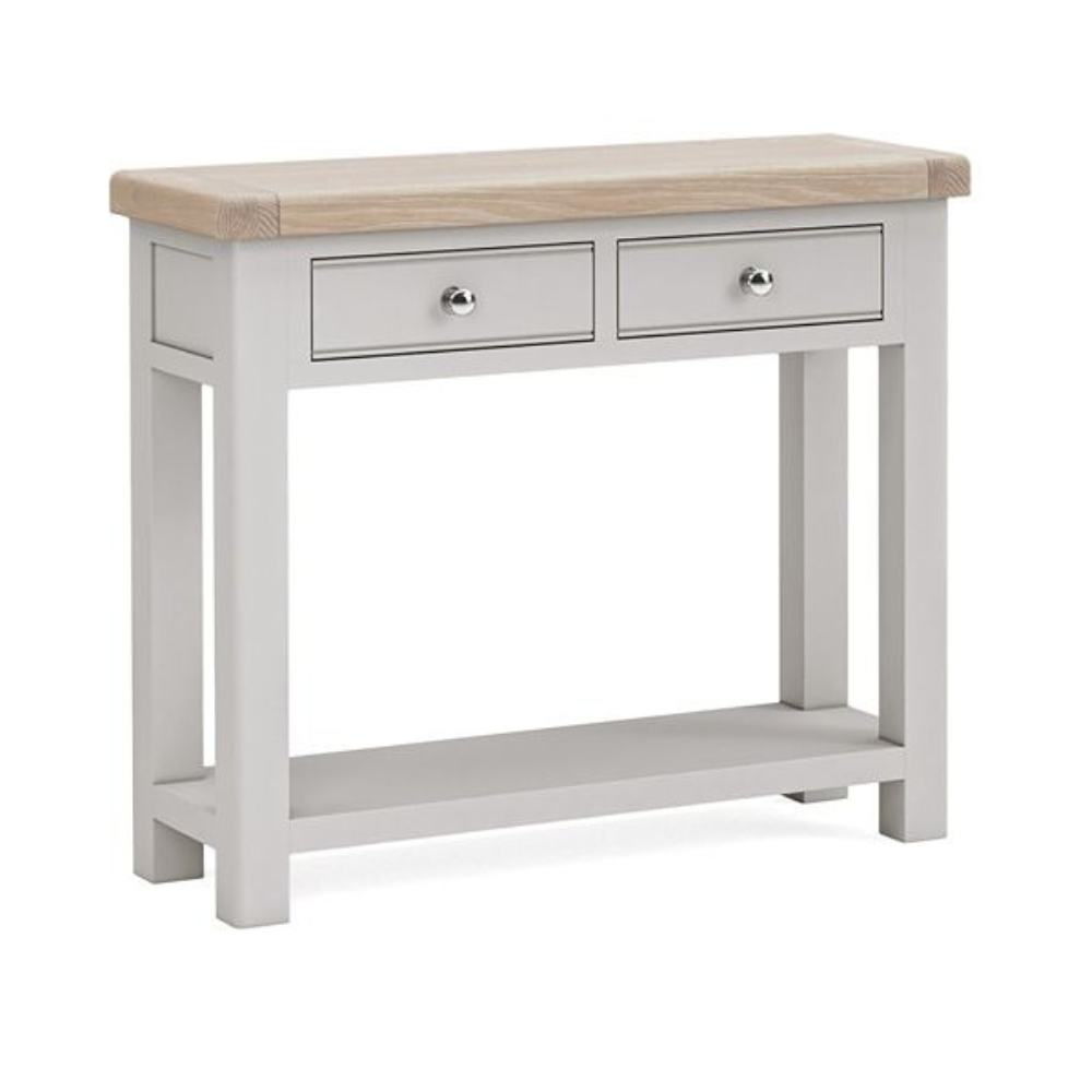 Salcombe Light Grey Console Table with white-washed oak top, 2 drawers, and lower shelf perfect entryways or living rooms.