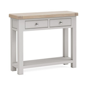 Salcombe Light Grey Console Table with white-washed oak top, 2 drawers, and lower shelf perfect entryways or living rooms.