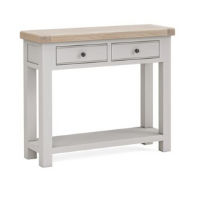 Salcombe Light Grey Console Table with white-washed oak top, 2 drawers, and lower shelf perfect entryways or living rooms.