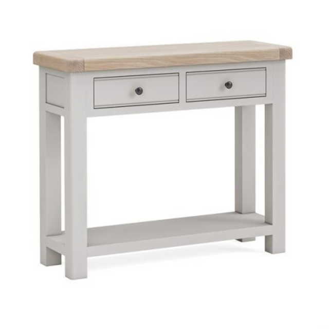 Salcombe Light Grey Console Table with white-washed oak top, 2 drawers, and lower shelf perfect entryways or living rooms.