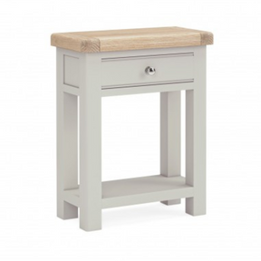 The Salcombe Telephone Table - Light Grey offers a durable oak veneer top, storage drawer, and lower shelf for a modern design.