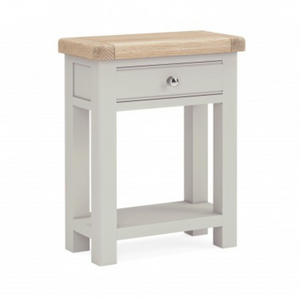 The Salcombe Telephone Table - Light Grey offers a durable oak veneer top, storage drawer, and lower shelf for a modern design.