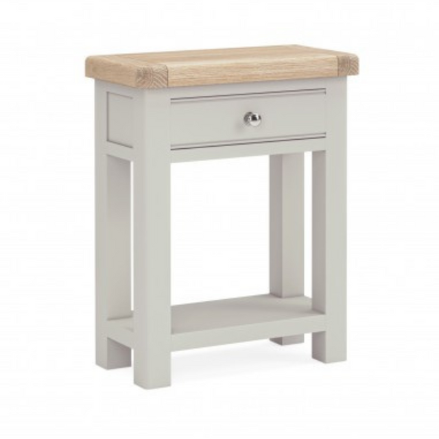 The Salcombe Telephone Table - Light Grey offers a durable oak veneer top, storage drawer, and lower shelf for a modern design.