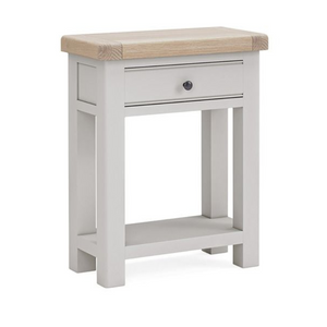 The Salcombe Telephone Table - Light Grey offers a durable oak veneer top, storage drawer, and lower shelf for a modern design