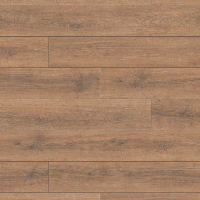 The Sand Sola Oak Laminate Flooring - 12mm features warm brown tones, AC4 durability, splash protection, antibacterial and easy 1Click 2Go installation