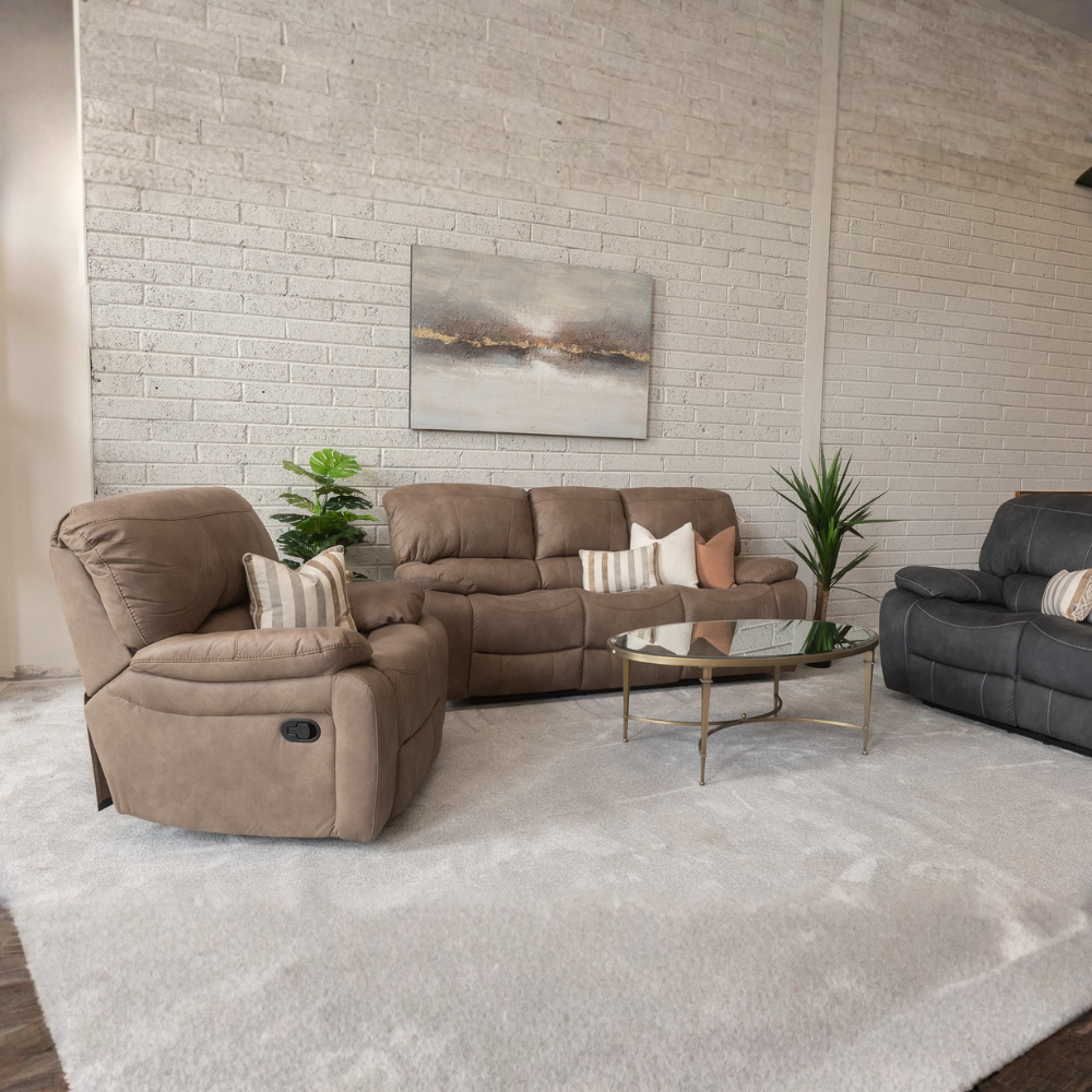 Relax in style with the Savanna Recliner Sofa in Taupe features plush comfort, smooth recline and modern design makes it perfect for living rooms
