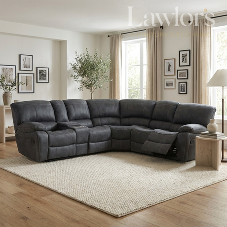 Grey recliner corner sofa in a modern living room