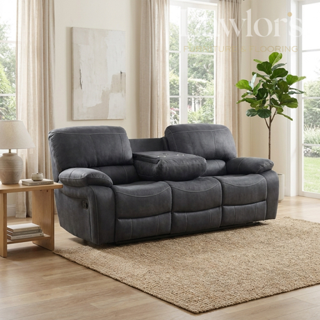 Grey 3 seater recliner sofa with drop down tray in modern living room