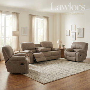 Living room with brown 3+1+1 reclining sofa and armchair set