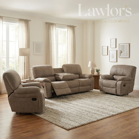 Living room with brown 3+1+1 reclining sofa and armchair set