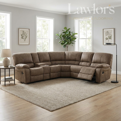 Brown sectional recliner corner sofa in a living room