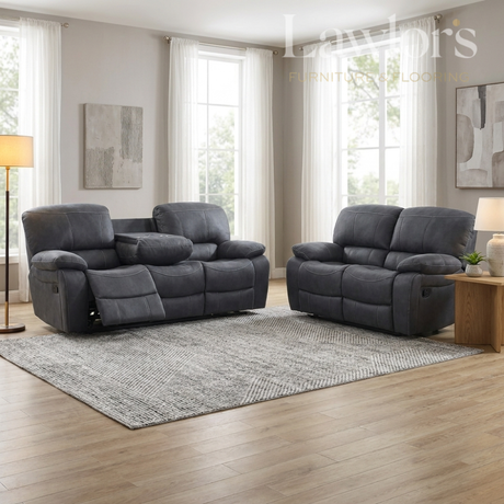 Grey 3+2 recliner sofa set in a modern living room