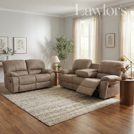 Beige 3+2 recliner sofa set in a living room