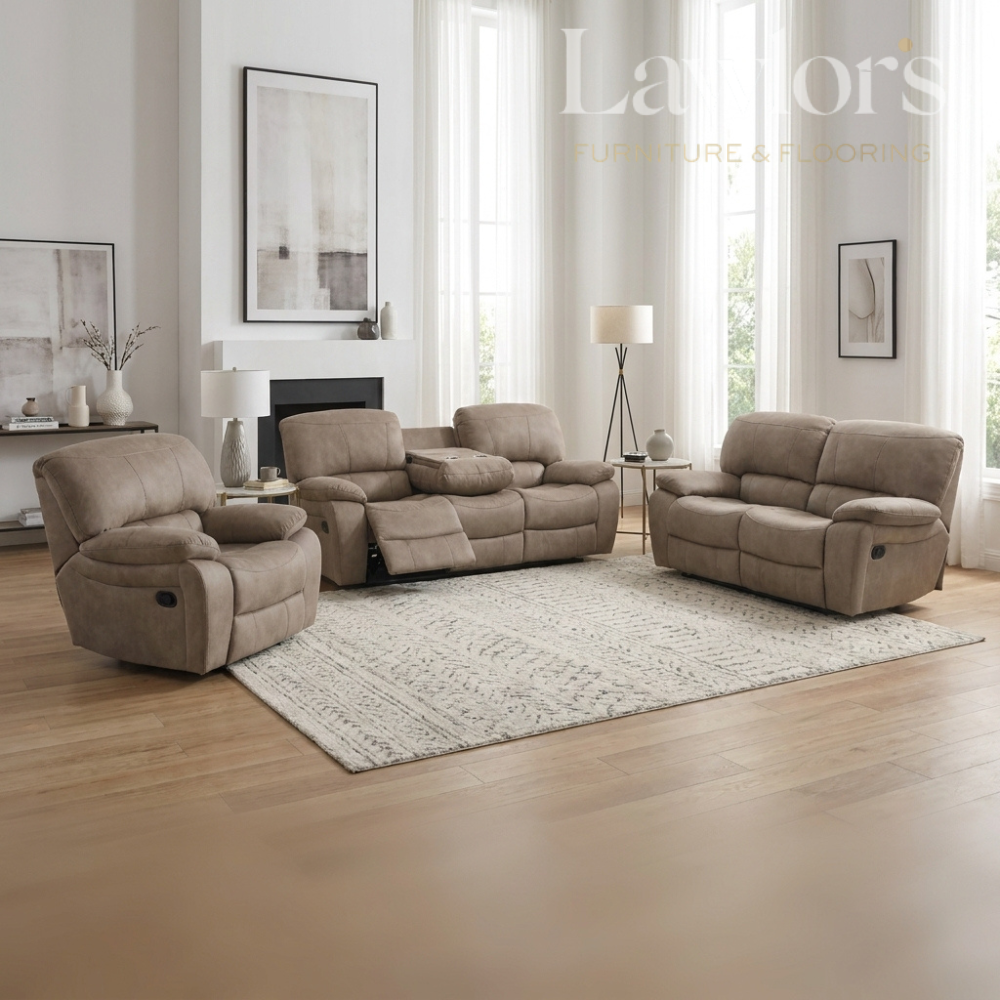 Beige 3+2+1 recliner sofa set in a living room
