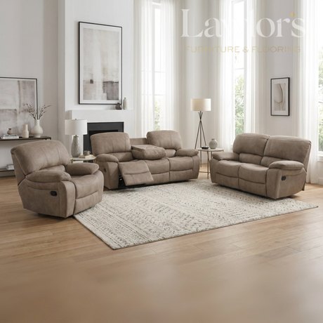 Beige 3+2+1 recliner sofa set in a living room
