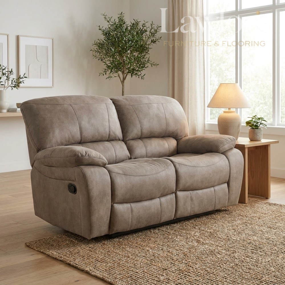 Beige 2 seater recliner sofa in a living room setting