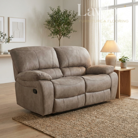 Beige 2 seater recliner sofa in a living room setting