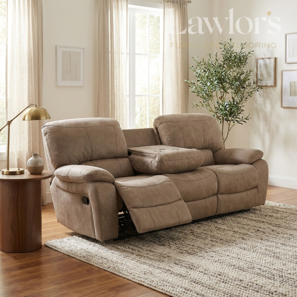 Brown 3 seater recliner sofa in a living room setting