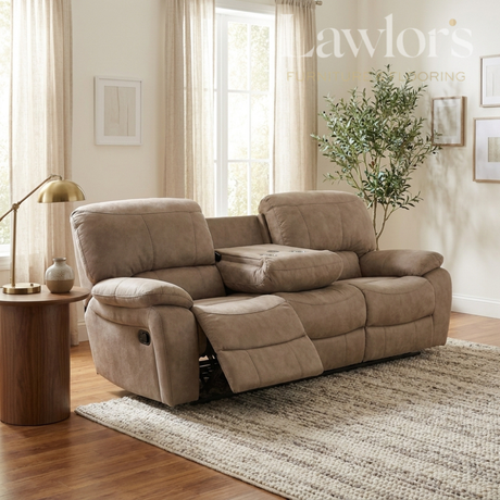 Brown 3 seater recliner sofa in a living room setting