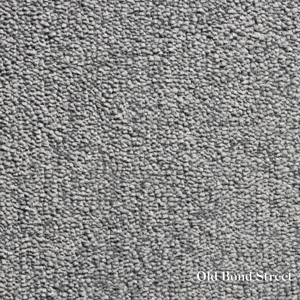 Close-up of gray textured carpet with 'Old Bond Street' branding.