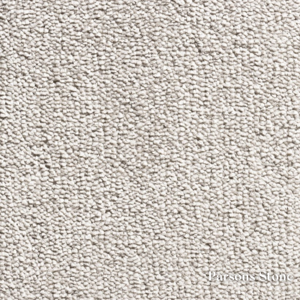 Close-up of a textured gray carpet with 'Parson Stone' branding.